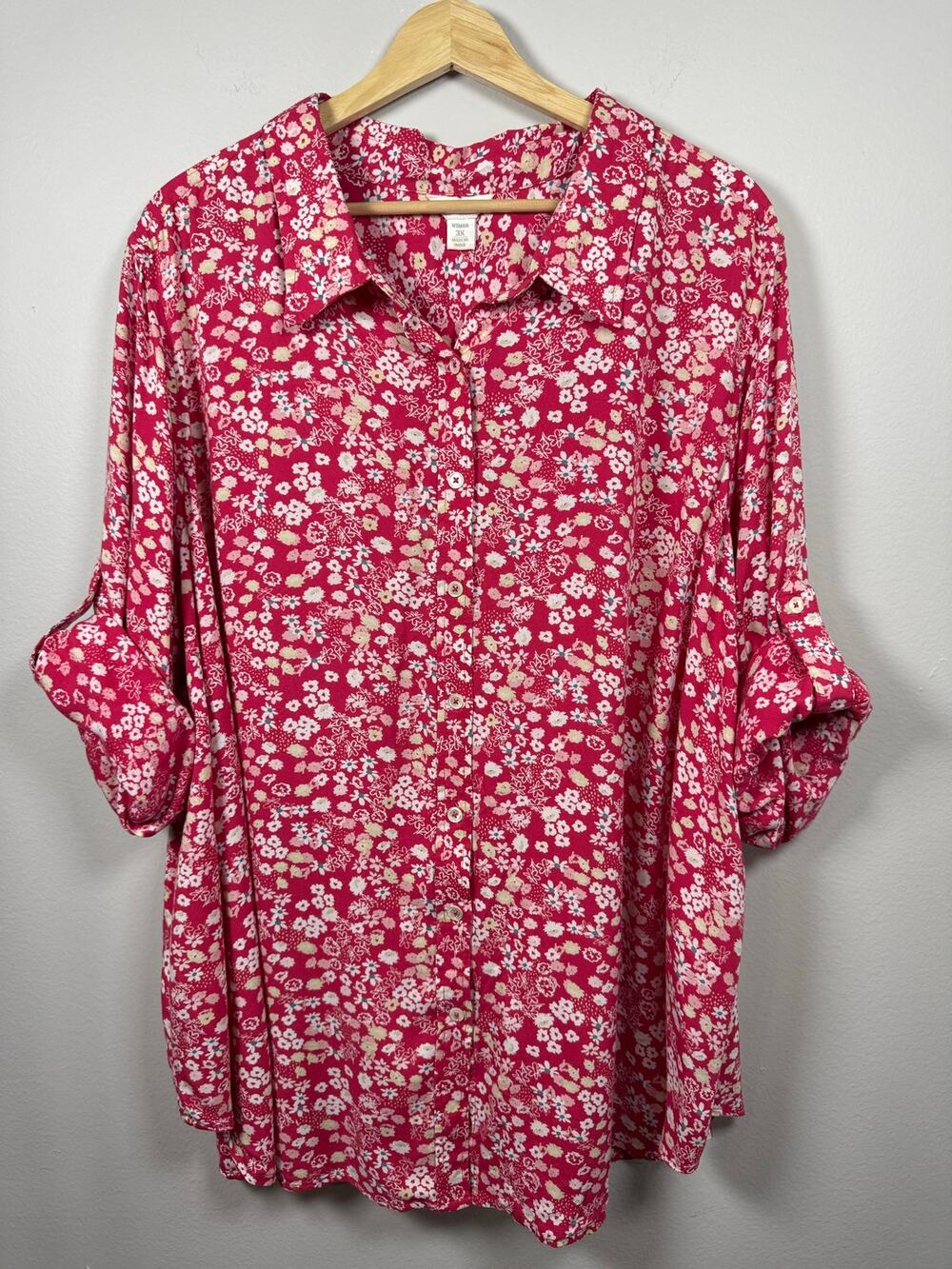 Intro Women's Button Front Blouse Top 3X Pink Ditsy Floral 3/4 Roll Tab Sleeve